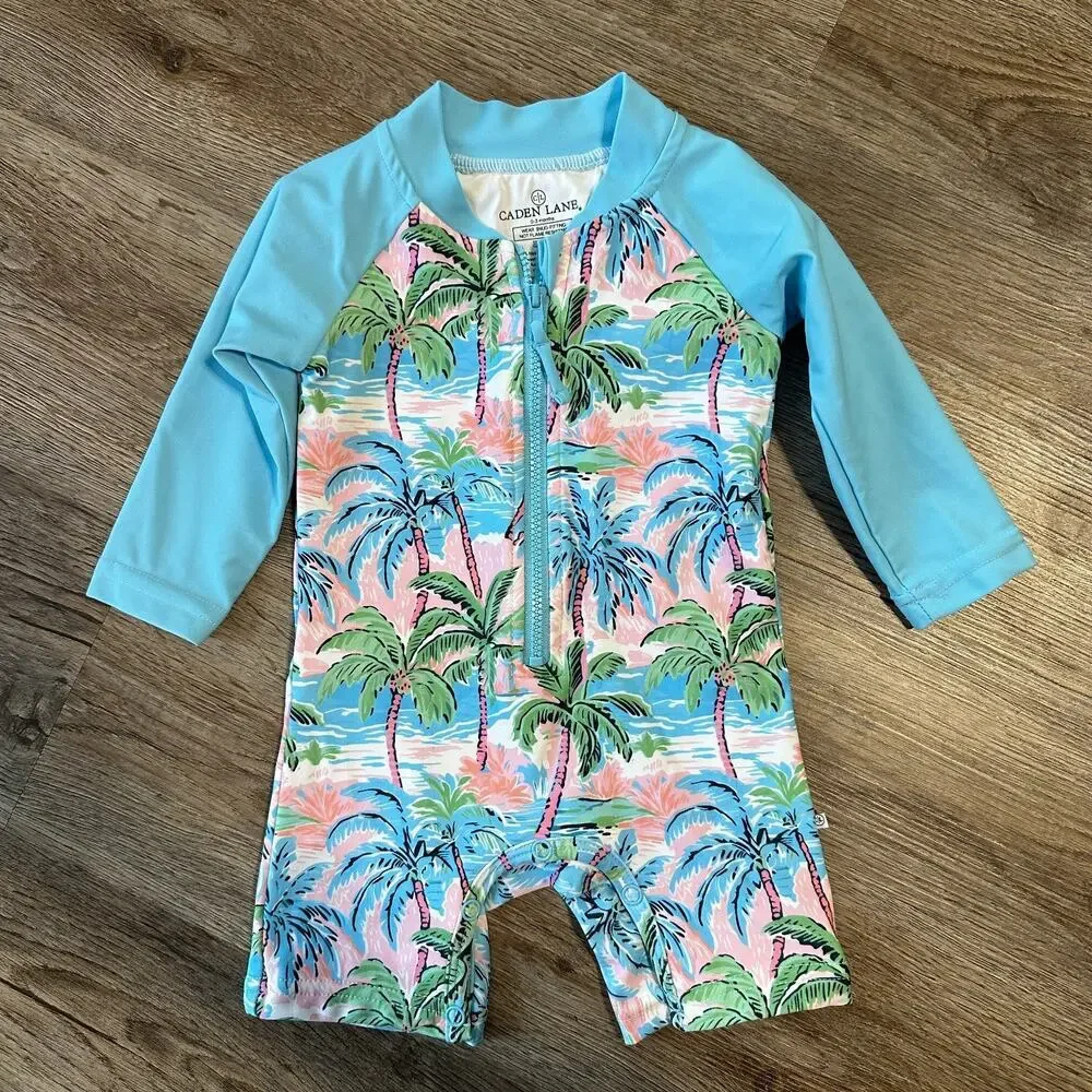 Caden Lane Rash Guard Romper Swimsuit 0-3 Months Palm Blue Pink Long Sleeve